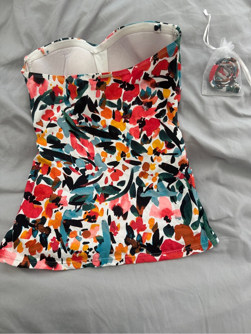 Anne Cole Floral Bandeau Swim Tankini Top in White, Pink, Orange, Green - Picture 2 of 2